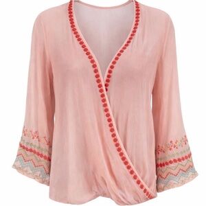 Ivy Jane Pink Embroidered Wrap Style Boho Blouse - Small